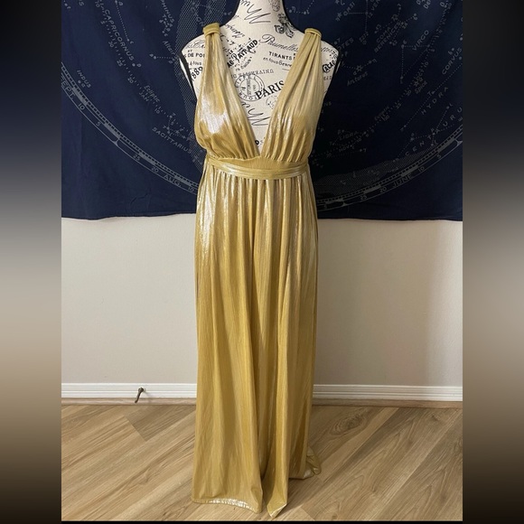 Sincerly Jules Dresses | Sincerely Jules Gold Metallic Pleated Goddess Maxi Dress Xs | Color: Gold | Size: Xs | Samirajazmin's Closet